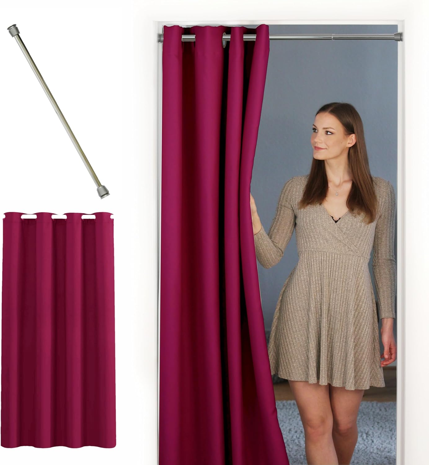 Türvorhang mit Teleskopstange, H200 x B150 cm (1er Pack) Türvorhang Bordeaux Rot + Stange Silber