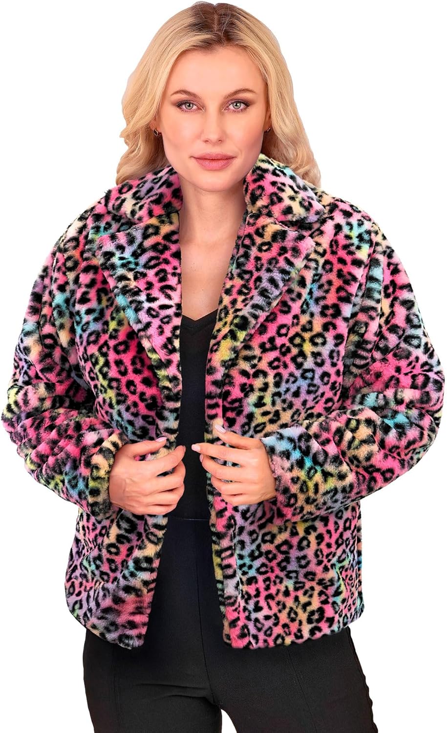 Bunte Animalier Plüschjacke, Bunt - Leopardenmuster L-XL