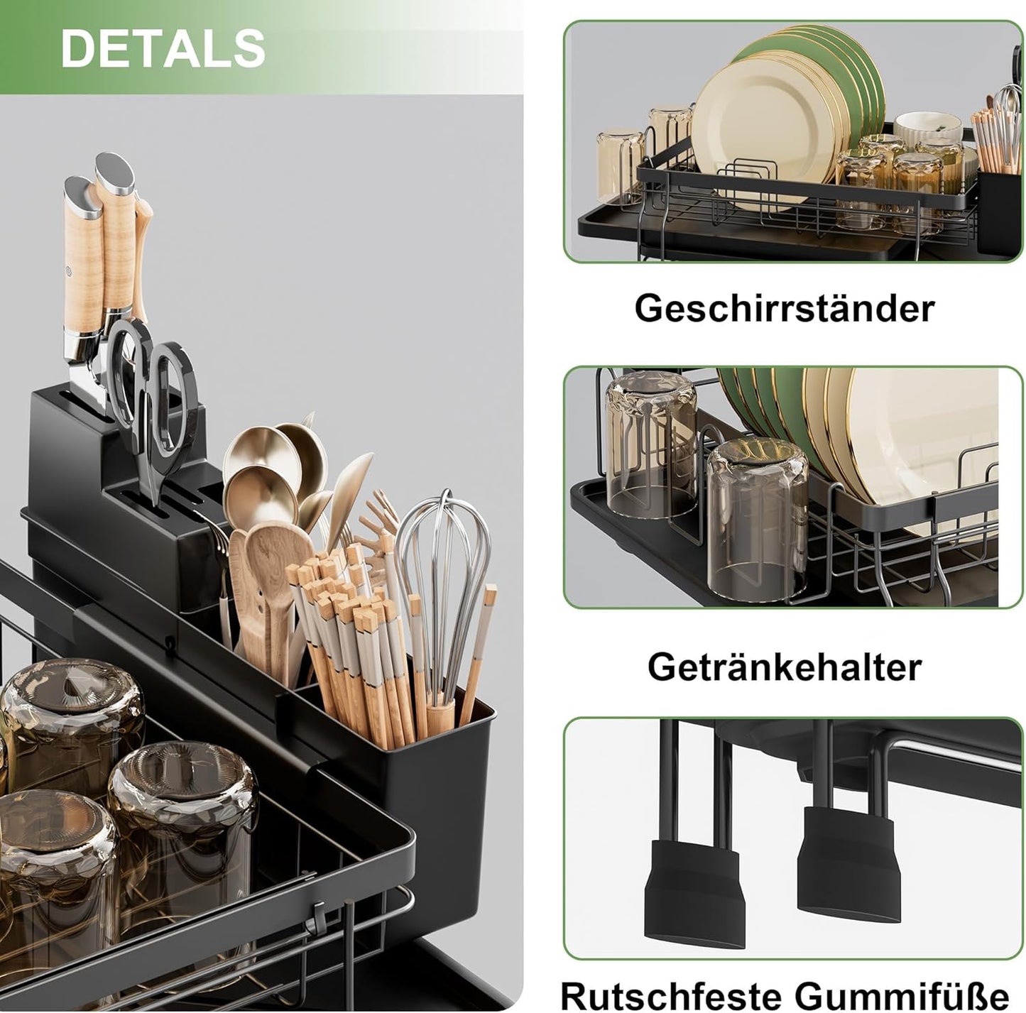 Erweiterbares Abtropfgestell für Küchentheke, Schwarz - Ausbaufähig