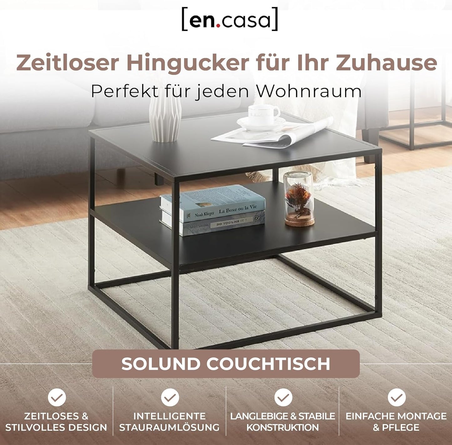 Couchtisch Solund mit Ablage, Schwarz, Matt 60 x 60 x 45 cm - 2 Ablagen