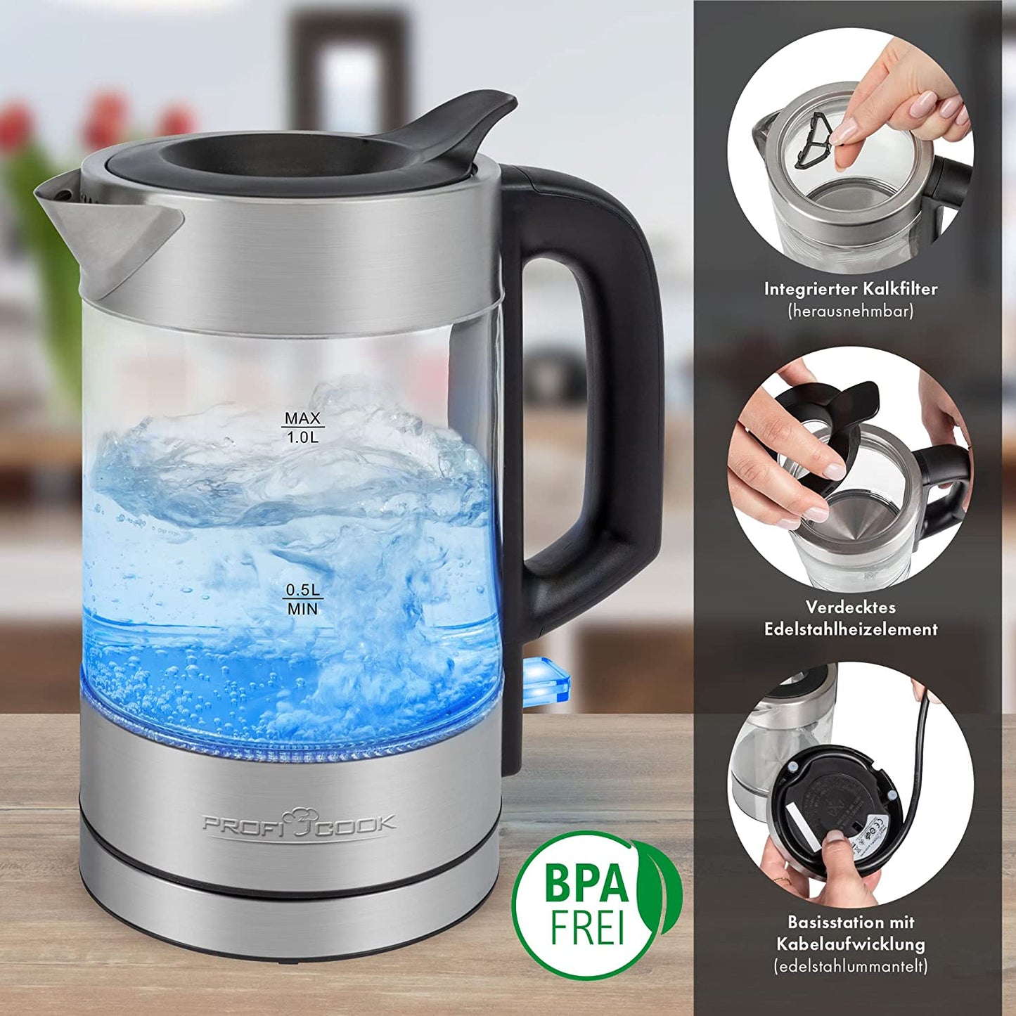 Glas-Wasserkocher PC-WKS 1229 G, 1 Liter