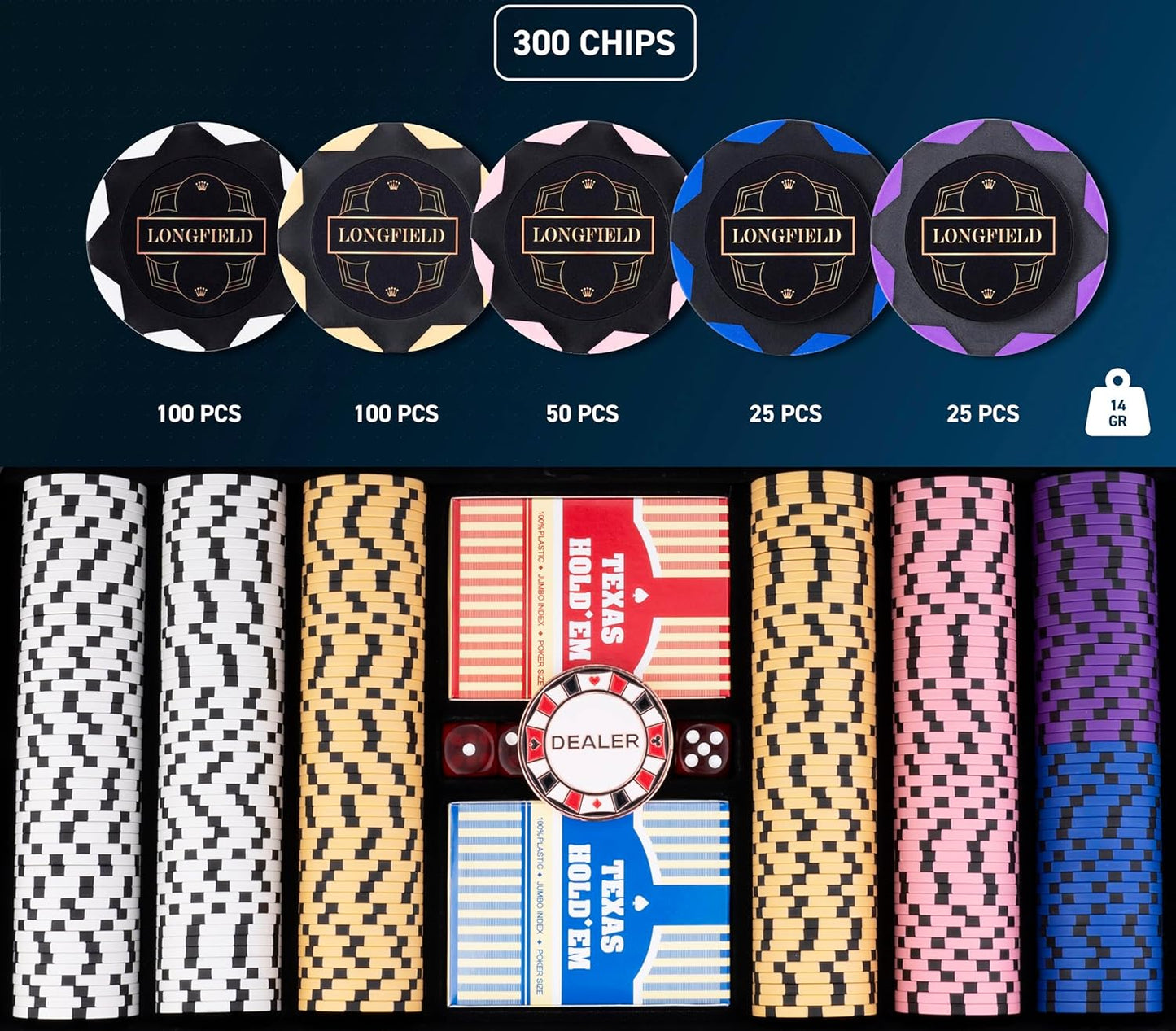 Poker-Set im Metallkoffer, 14 Gr - Wertlos 300 Token