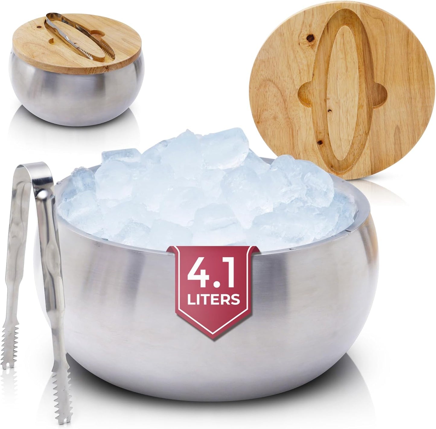 Eiswürfelbehälter mit Deckel und Zange, Silber 4.1 Liters