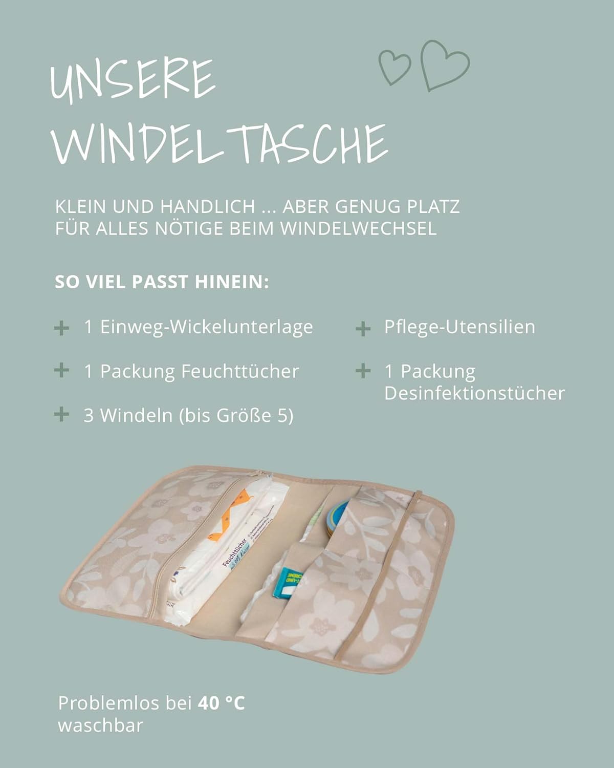 Windeltasche für unterwegs, Handgemalte Blüten 18 x 27 cm