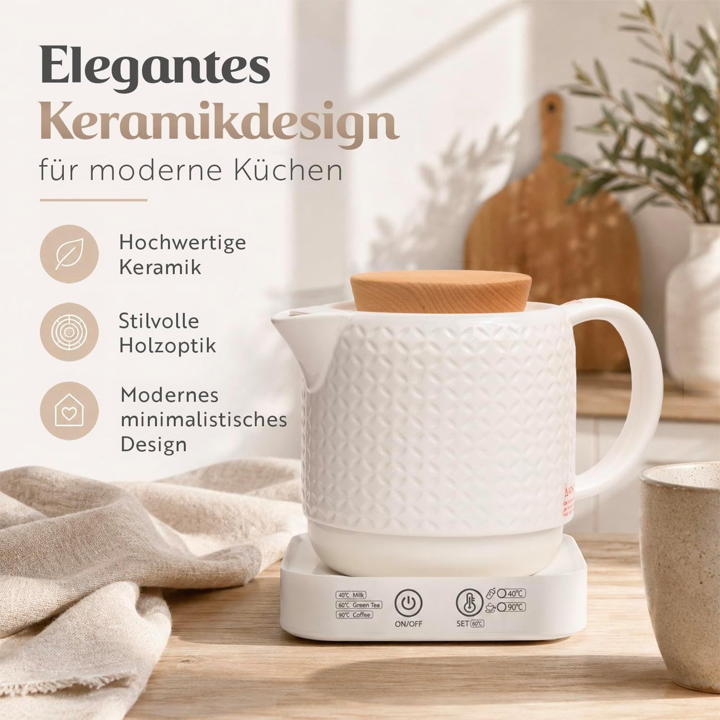Keramik-Wasserkocher mit Temperatureinstellung