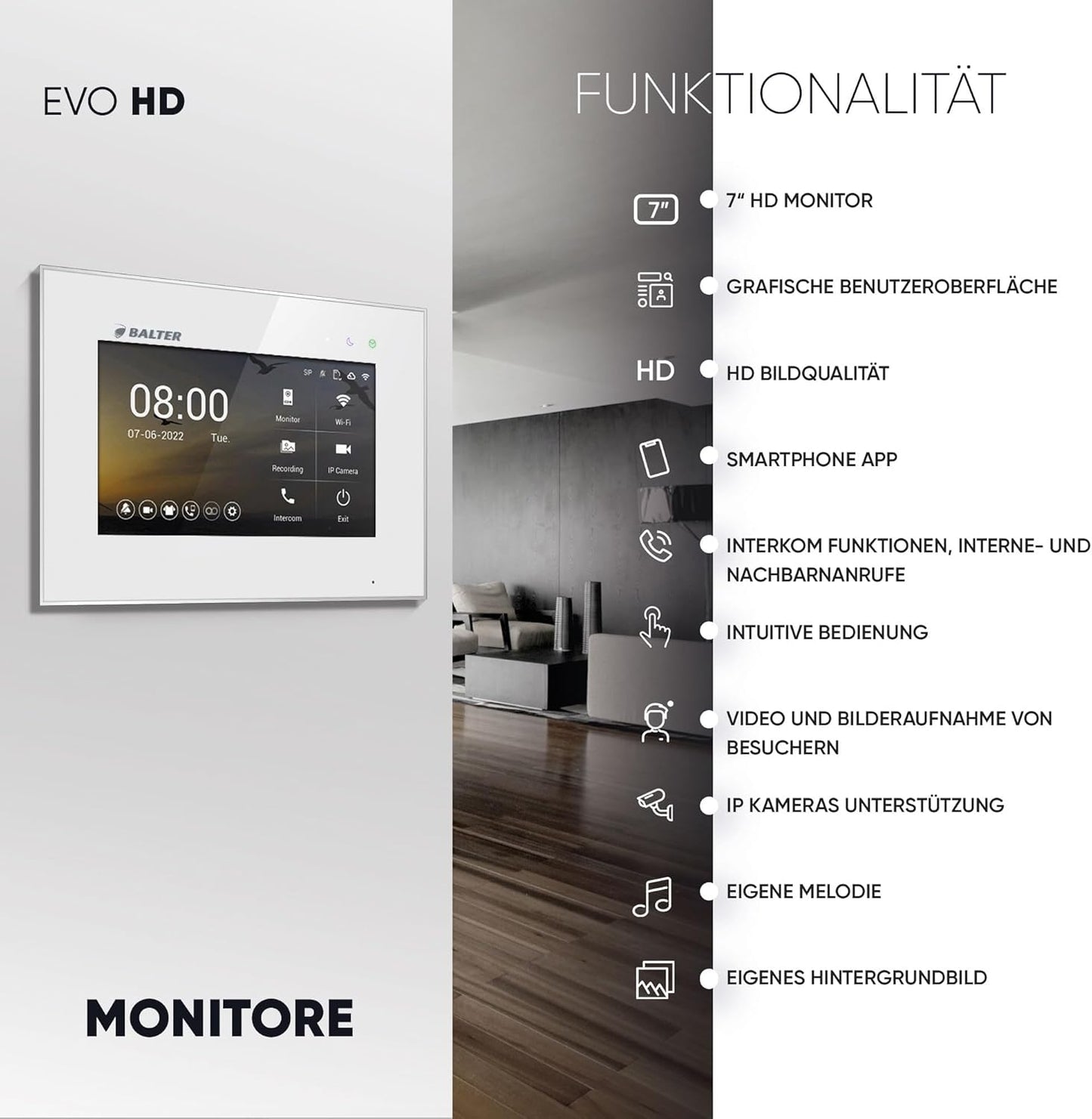 EVO-HD Video Türsprechanlage mit Fingerprint, A. Silber/Weiss ; 3 Monitore, Mit App