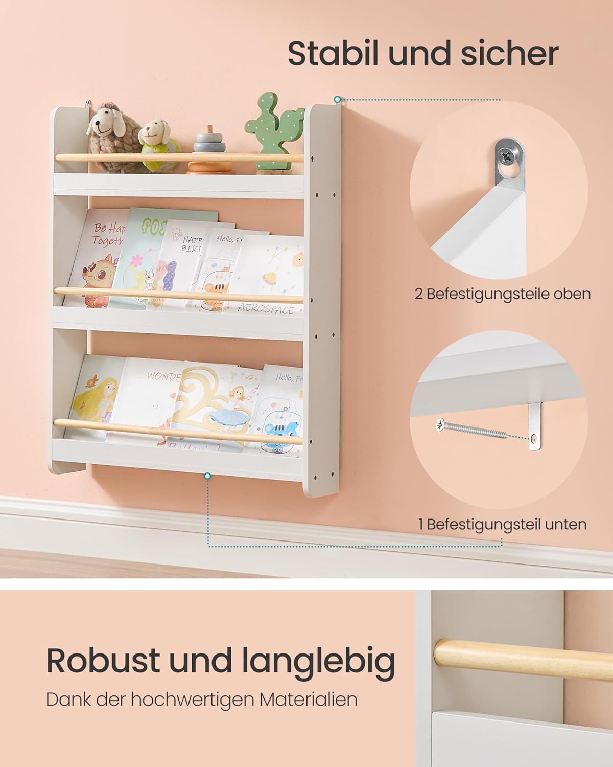 Bücherregal mit 3 Ebenen, Weiss + Naturfarben 3 Ebenen (60 cm)