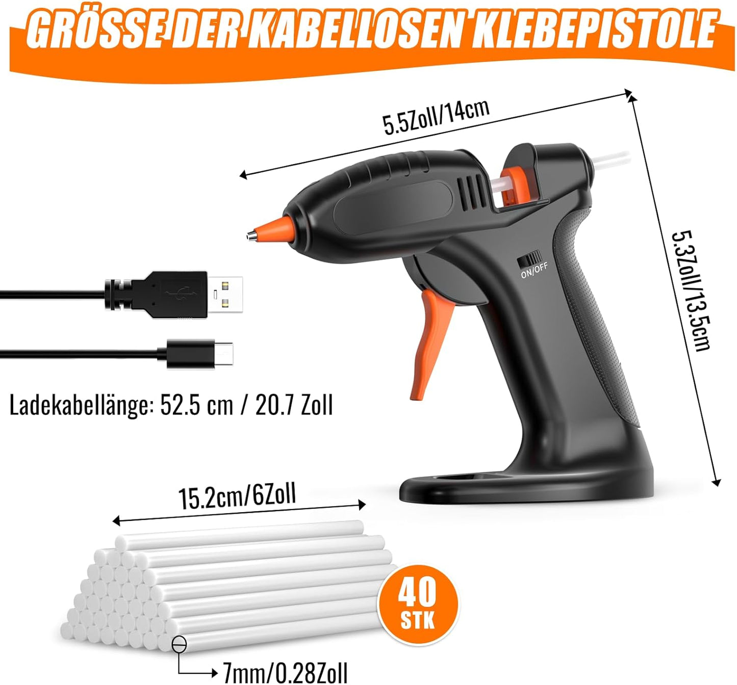 Kabellose Heissklebepistole RRQ-X inkl. 40 Klebestifte, 40stk