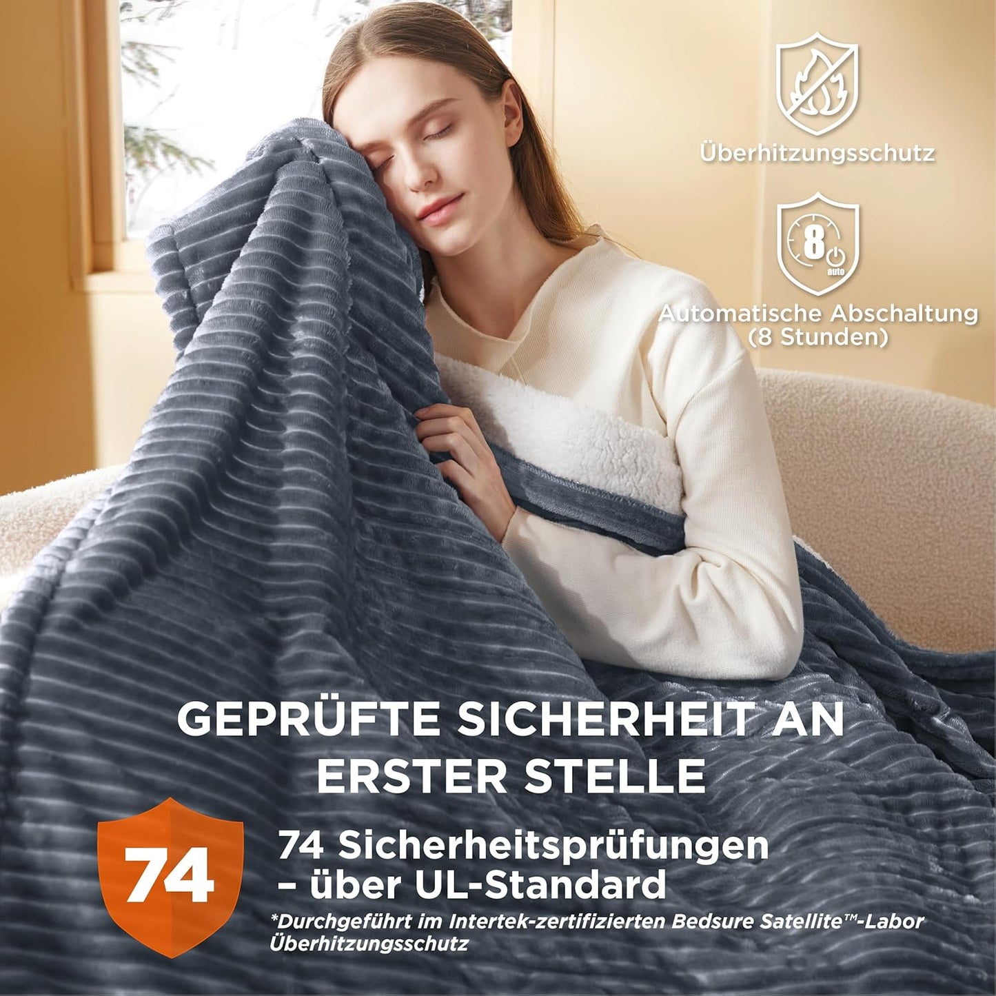 Heizdecke mit Timer & Abschaltautomatik, 130 x 180 cm 02 - Grau Gestreift