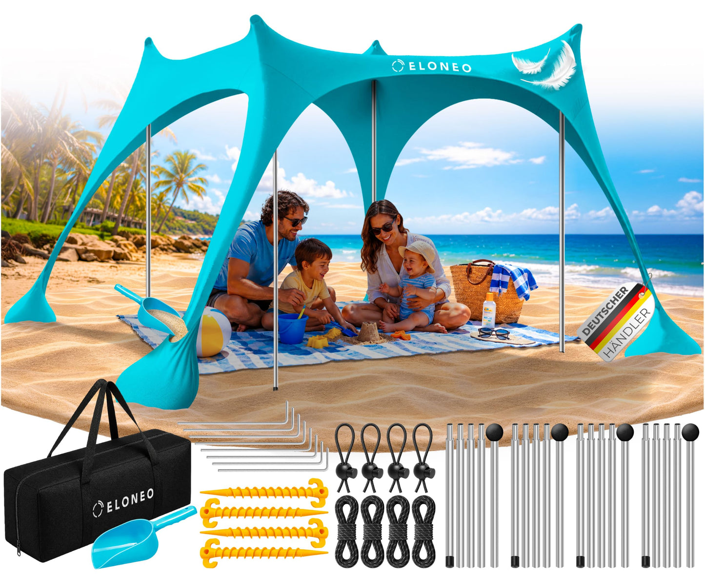 Strand-Sonnensegel mit UV-Schutz LSF 50+, Türkis 228 x 214 x 200 cm / 4 Stangen