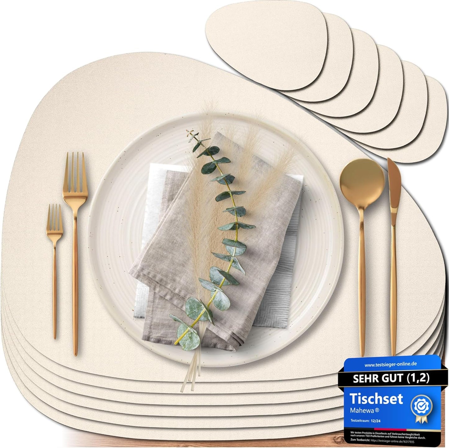 6er Set Premium Tischset aus Kunstleder, Cremebeige Oval