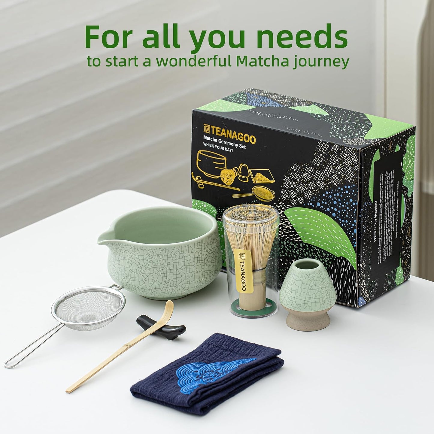 7-teiliges Matcha Teezeremonie-Set, Hellgrün mit Schwarzer Naht