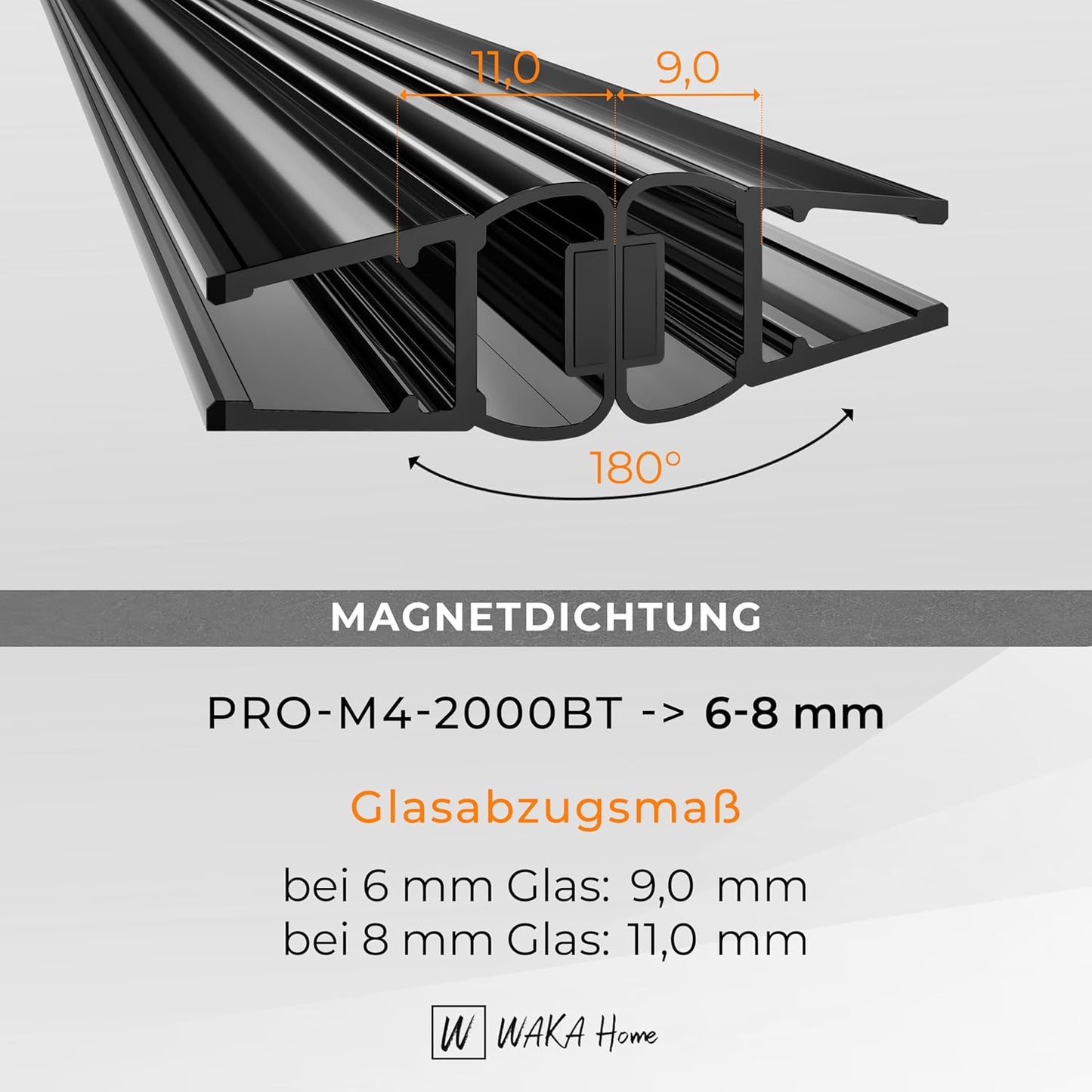 Duschdichtung-Set für Glastüren (180°, 6-8mm), Schwarz-transparent 6-8mm Glas | 180°
