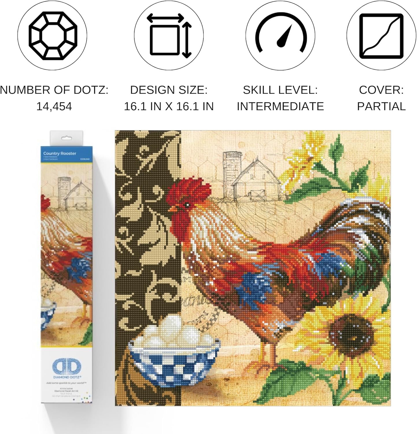 Diamond Painting Kit Country Rooster, DD9-049, 41 x 41 cm, 41 x 41 cm Country Rooster