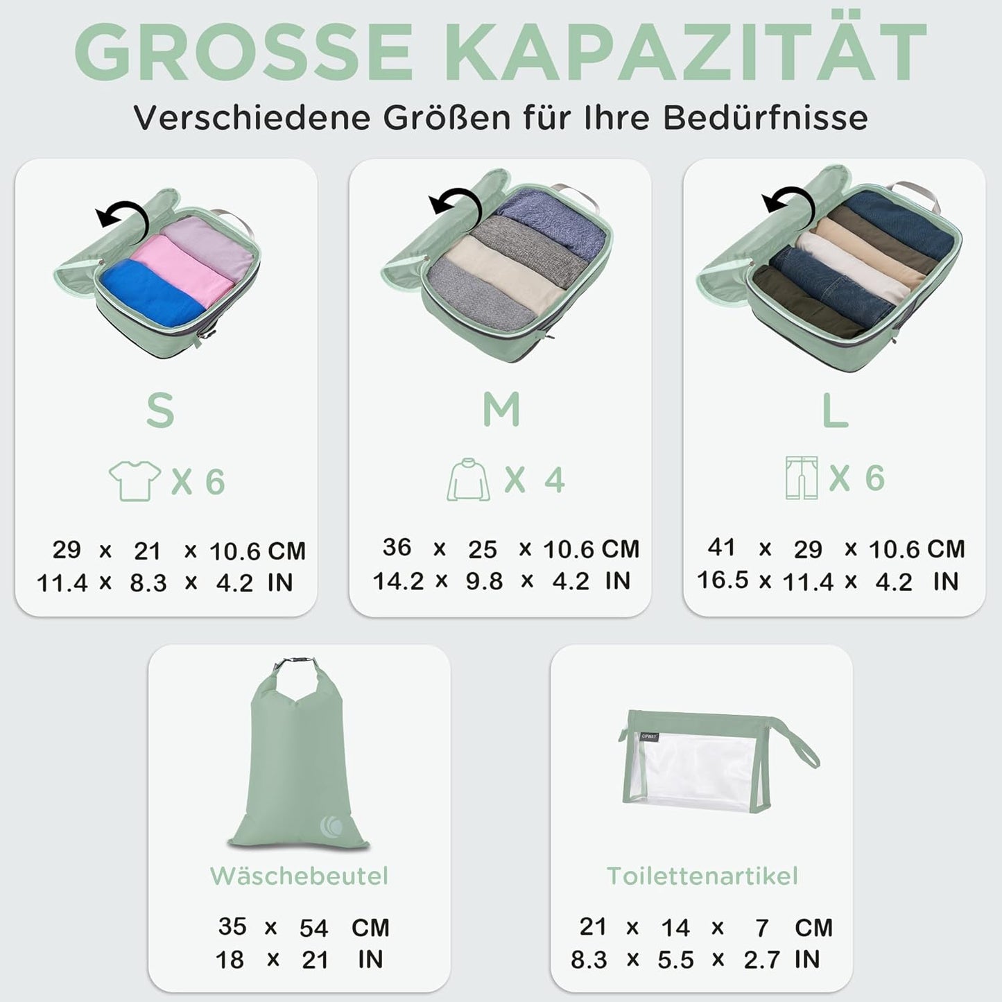 Kompressions-Packwürfel-Set, 6PCS Salbei Grün