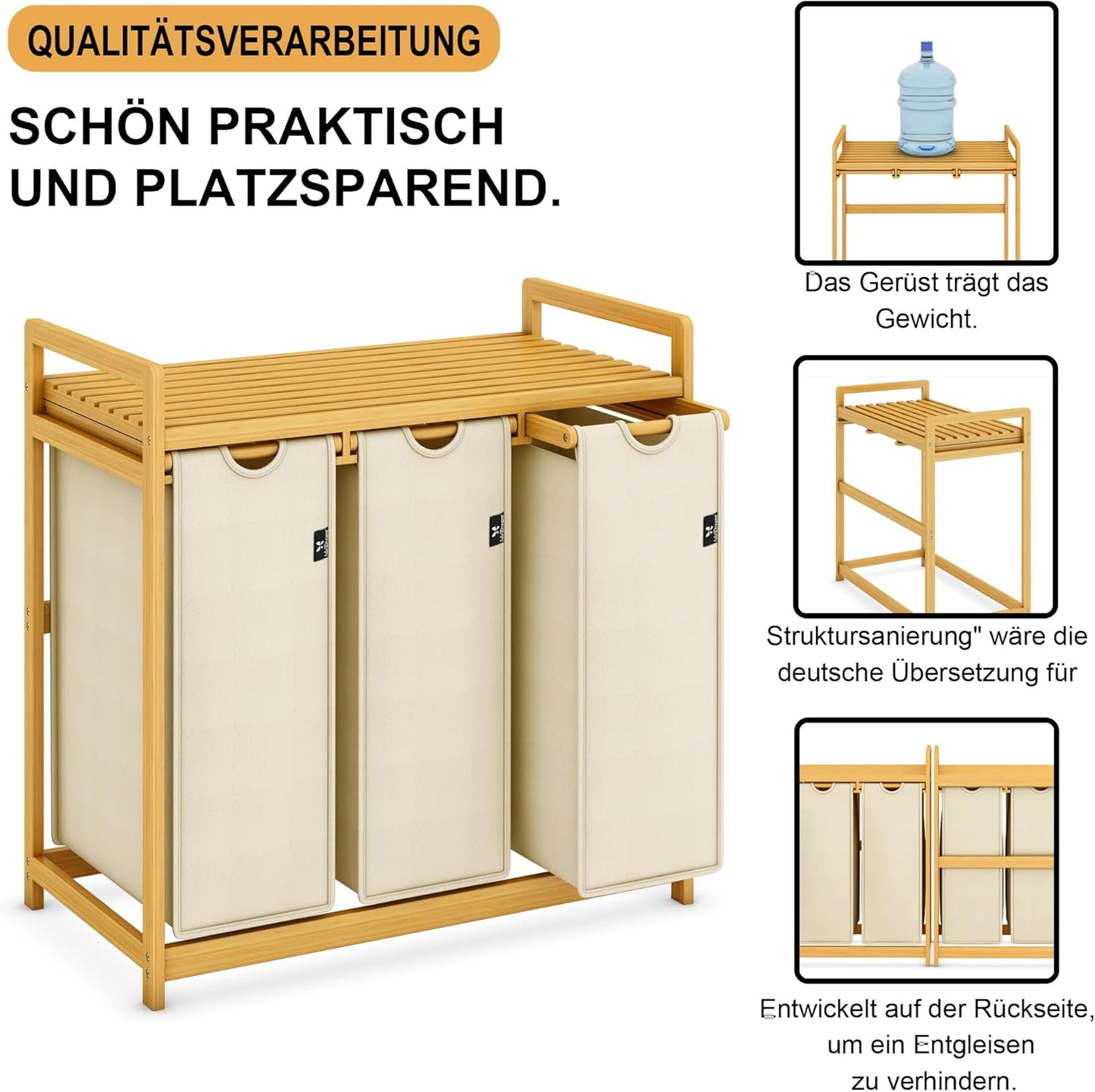 Wäschesortierer mit 3 abnehmbaren Fächern, Beige-6-18