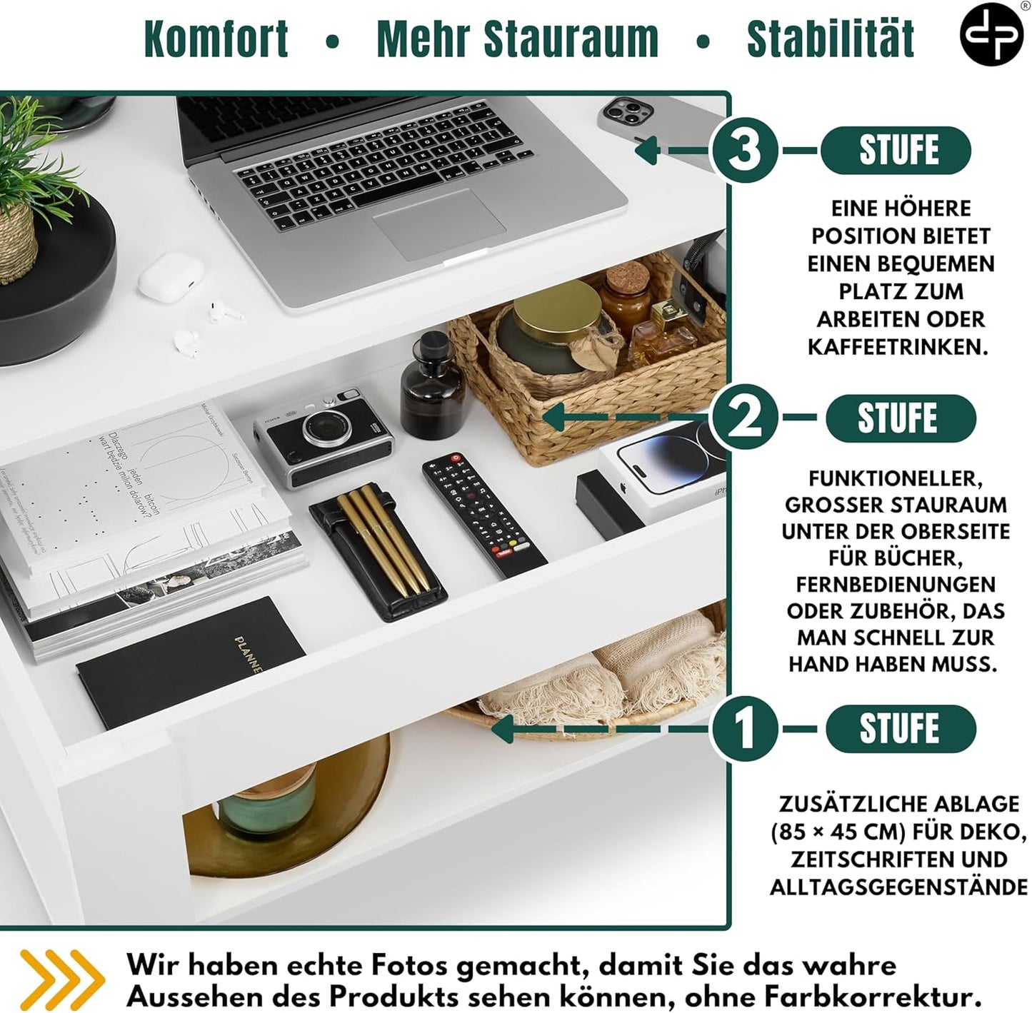Höhenverstellbarer Couchtisch mit Stauraum und Ablage, Weiss