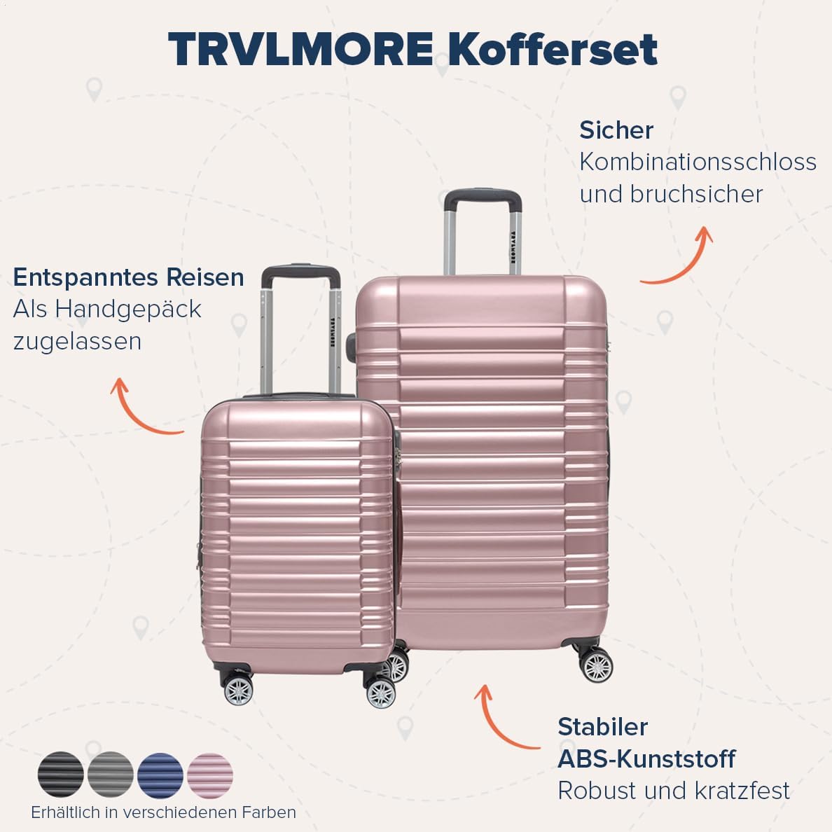 2-teiliges Kofferset mit Rollen, Small + Large Roségold
