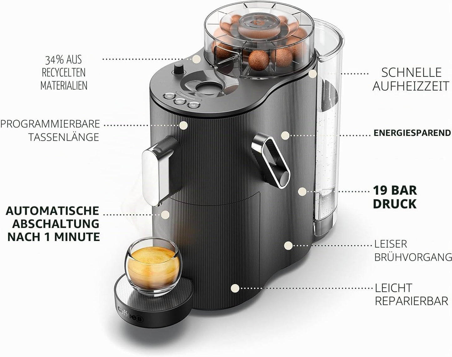 Switzerland Professional CoffeeB Globe Kaffeemaschine mit kompostierbaren Kaffeebällen, Schwarz +90 Bälle LUNGO FORTE