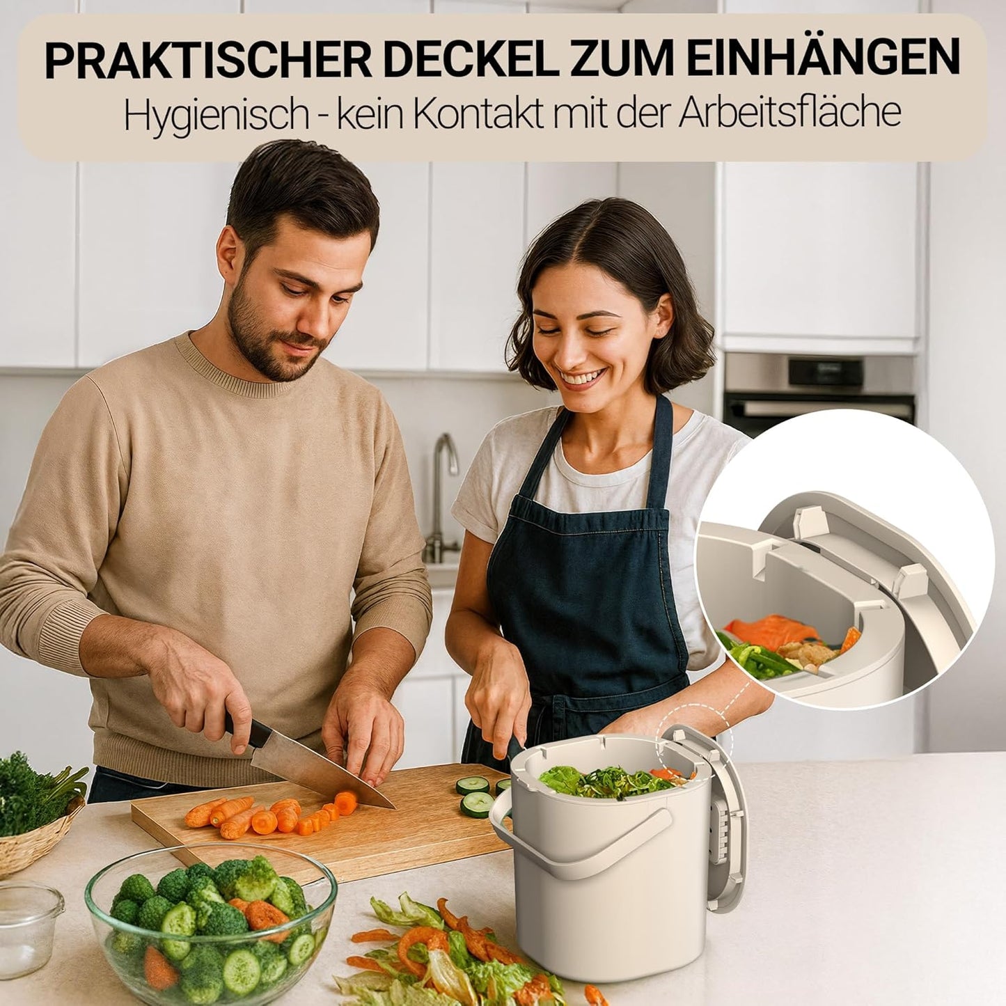 Biomülleimer mit Aktivkohlefilter, Beige mit Aktivkohlefilter