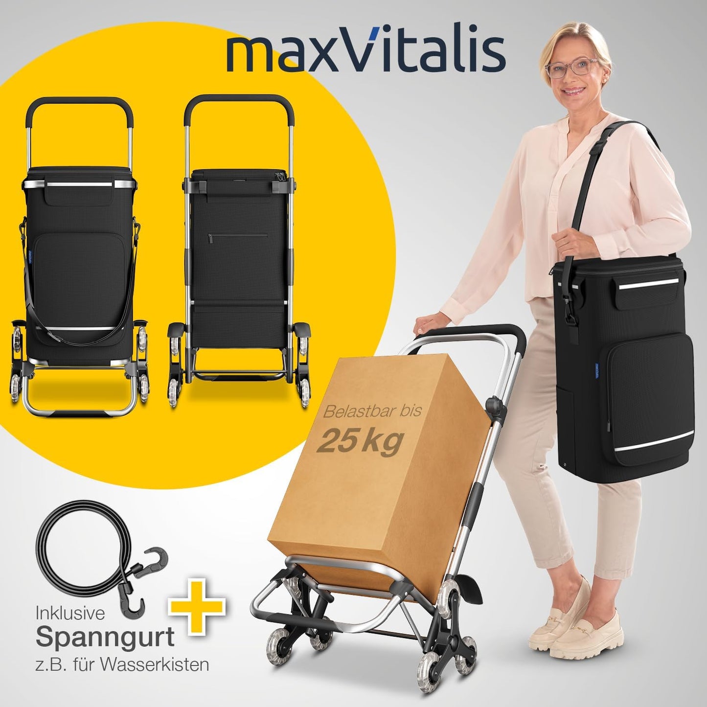 Einkaufstrolley Treppensteiger mit Kühlfach, Treppensteiger-Trolley Schwarz