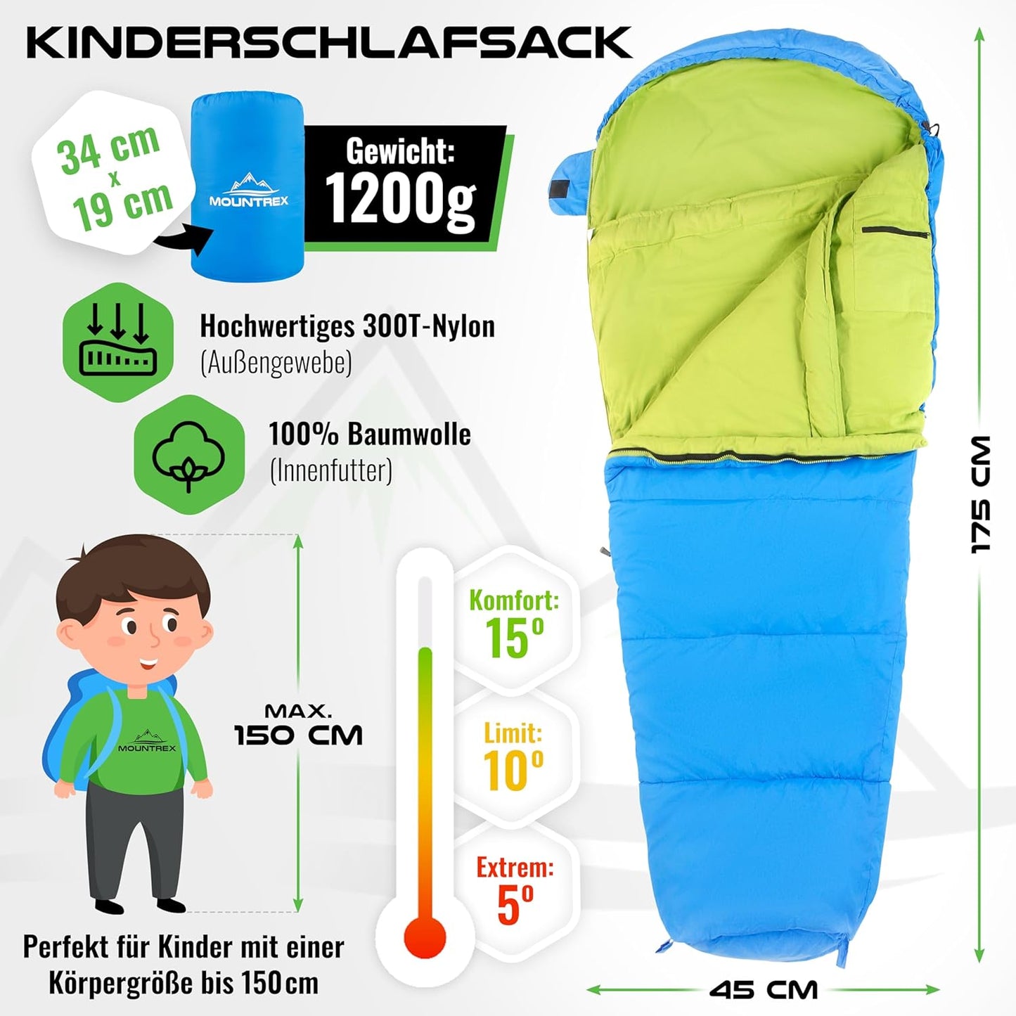Kinderschlafsack mit Baumwollfutter, Blau/Grün 175 x 70 x 45cm