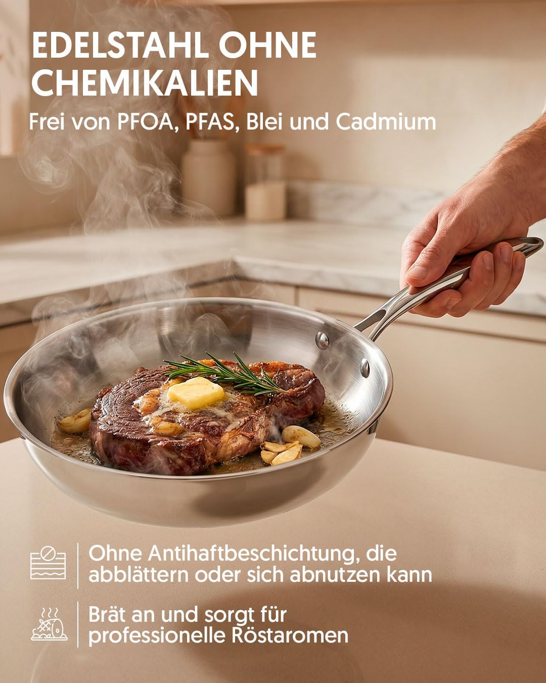 Pfannenset aus Edelstahl (3-teilig, induktionsgeeignet), Set mit 3 Pfannen