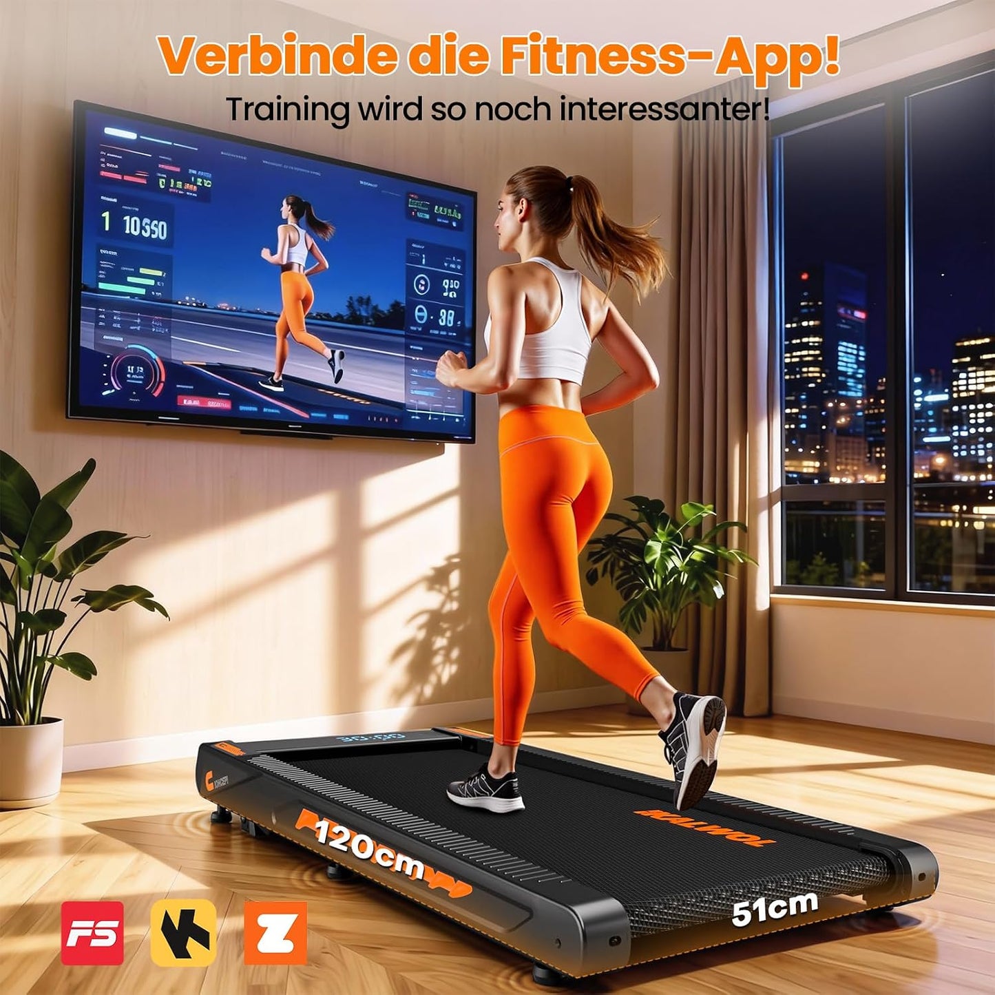 Walking Pad Laufband 10km/h mit Bluetooth Speaker, Schwarz-Dunkelorange