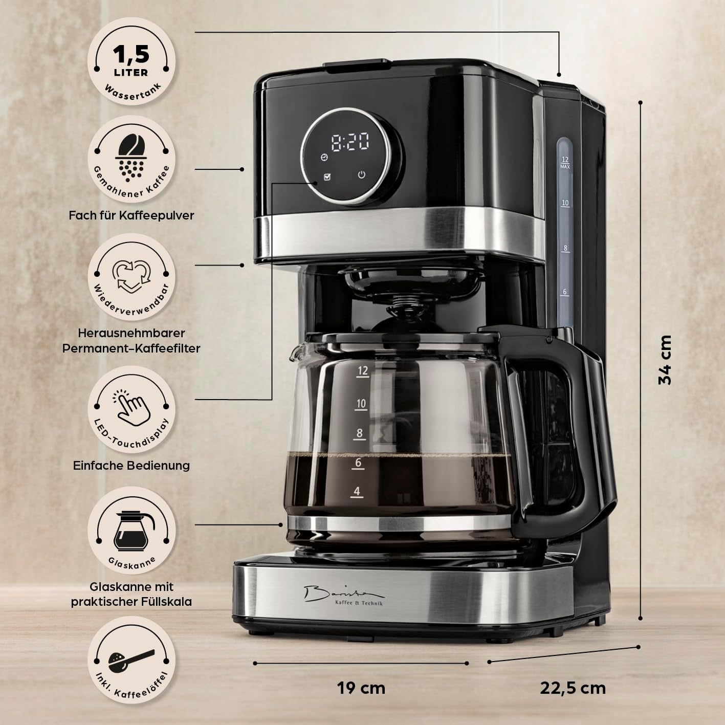 Kaffeemaschine mit Touchdisplay und Timerfunktion, 10) Schwarz - Glaskanne (Touch Display)