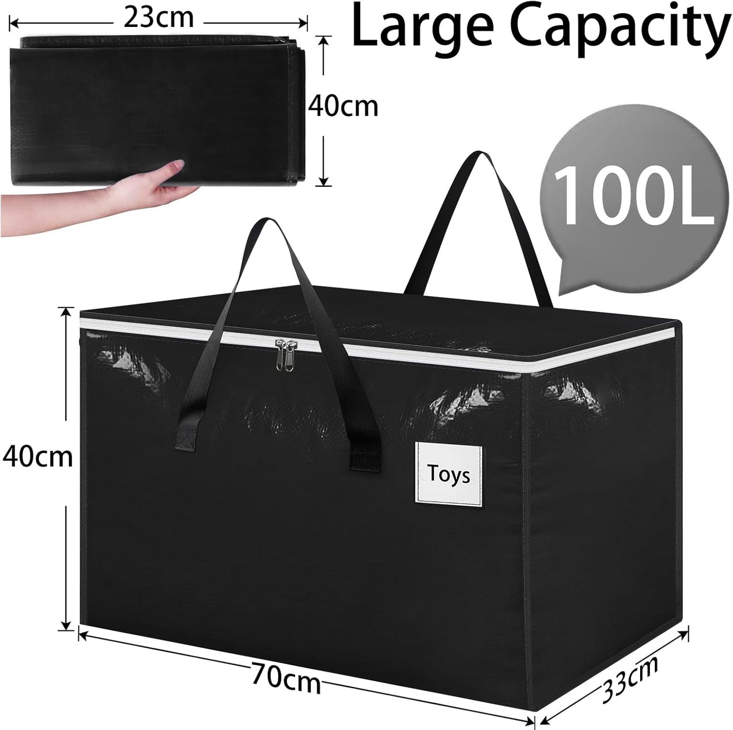 10-teiliges Aufbewahrungstaschen-Set, faltbar, mit Reissverschluss und Griff, 10-Pack (100 L) Sc Schwarz