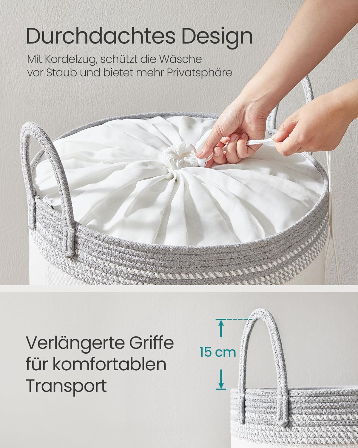 Wäschesammler aus Baumwollseil, Wolkenweiss + Taubengrau 90 L