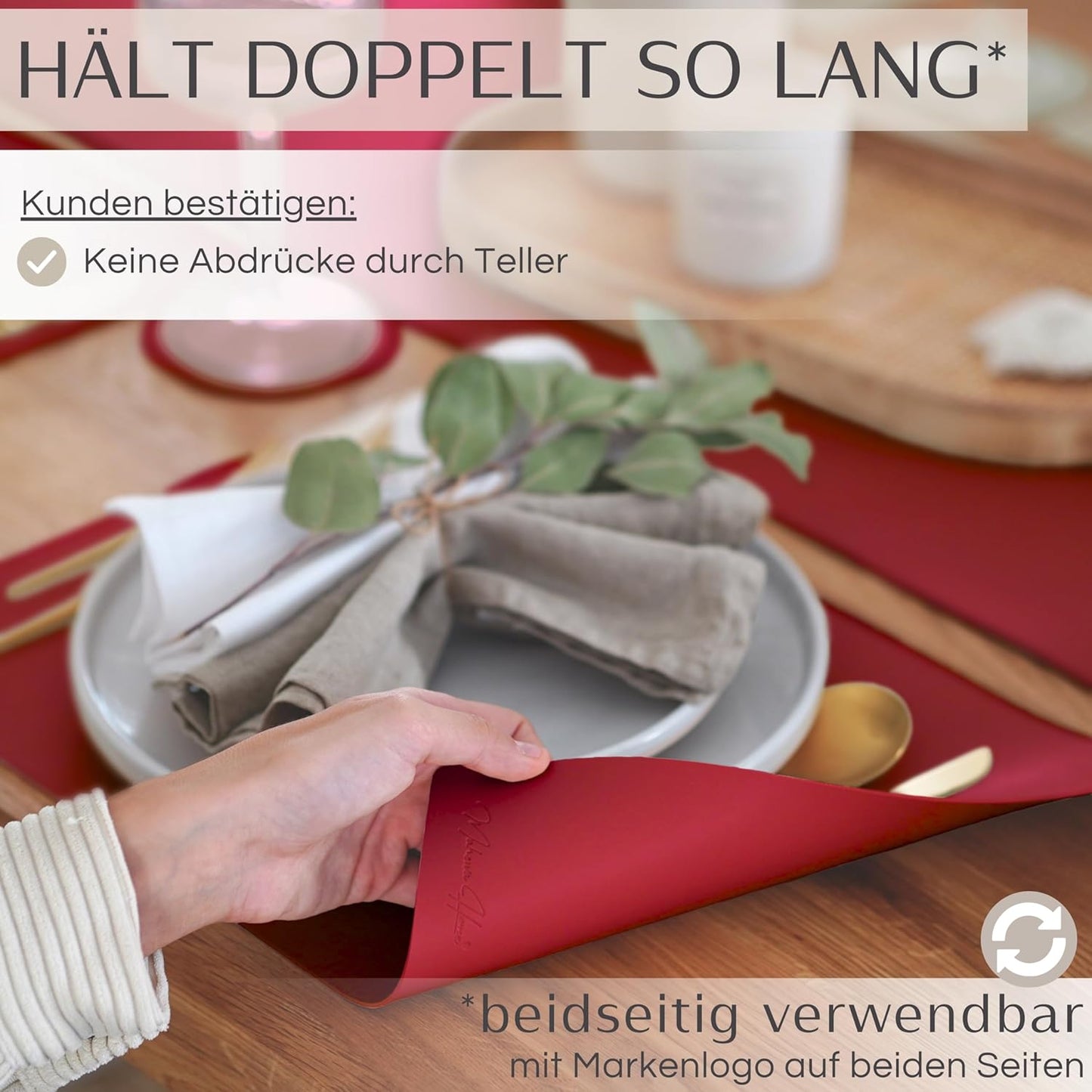 6er-Set Tischset, abwaschbar, Bordeaux Eckig mit Halter