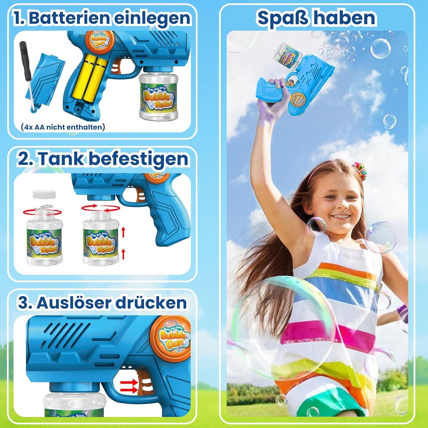 2x Seifenblasenpistolen mit LED und 100ml Tank, inkl. 1 L Nachfüllkonzentrat, Blau + Rot