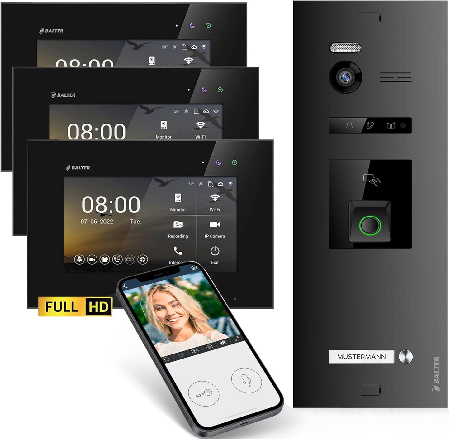 EVO-HD Video-Türsprechanlage mit Fingerprint, 3 Monitore, Mit App C. Schwarz/Schwarz