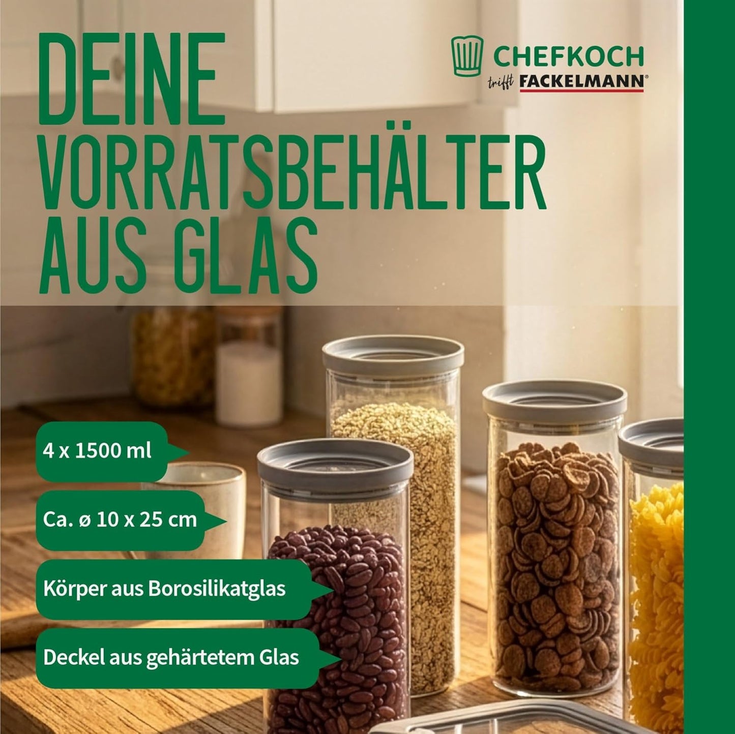 Vorratsbehälter-Set mit Glasdeckel, 4 x 1,5L
