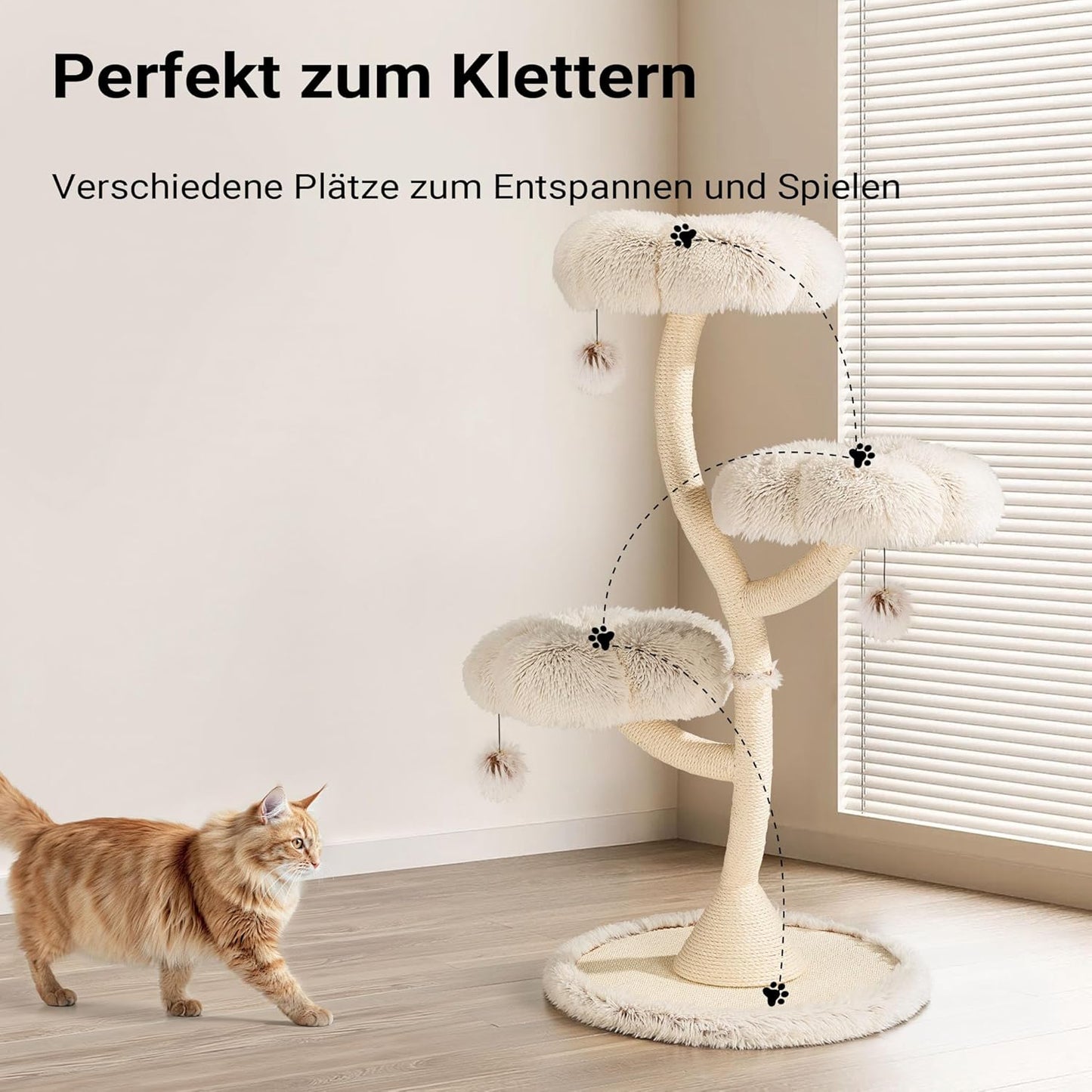 Designer Kratzbaum mit 3 Mulden, 3 Etagen, 125 cm