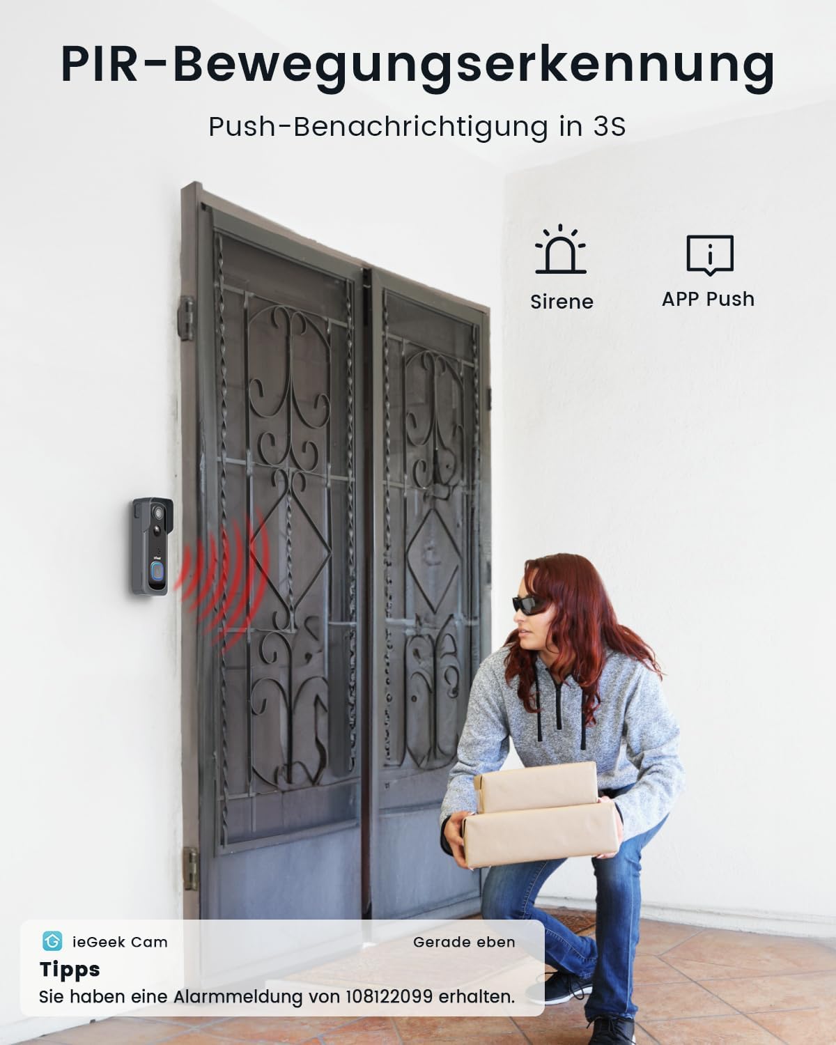 2K Video-Türklingel mit Kamera, AI Bewegungserkennung, 2,4GHz WLAN, Grau