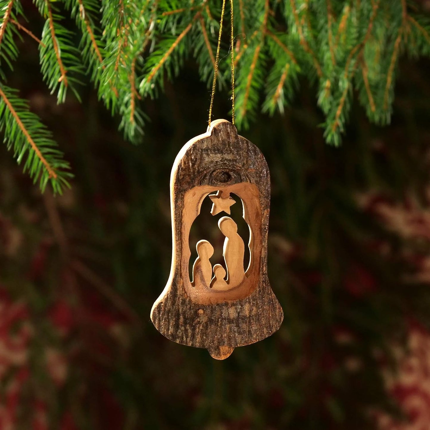 3-teiliges Baumschmuck-Set - Krippe, Glocke mit Rinde