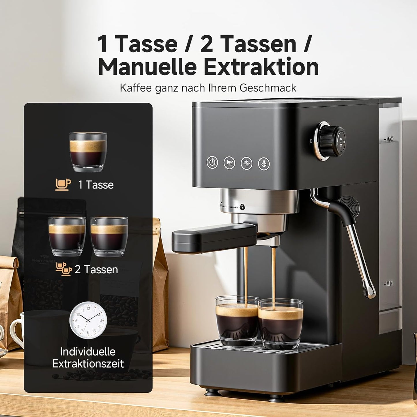 Siebträgermaschine mit Milchaufschäumer, All Black