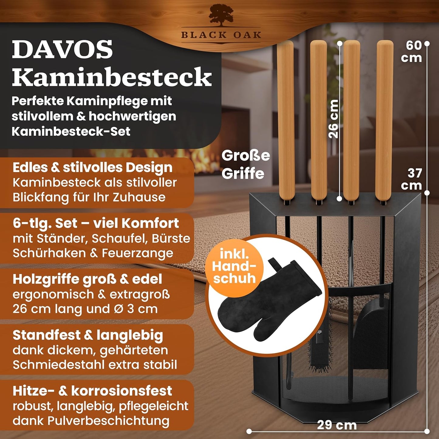Kaminbesteck-Set Davos mit Lederhandschuh 5-teilig, Kaminbesteck + Handschuh
