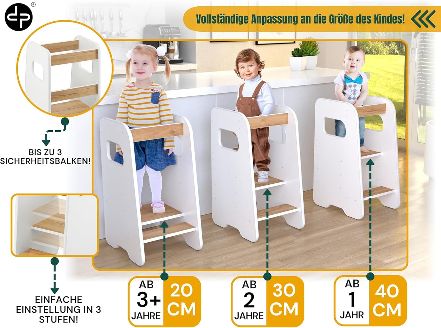 Höhenverstellbarer Lernturm mit Kippschutz, Weiß + Eiche