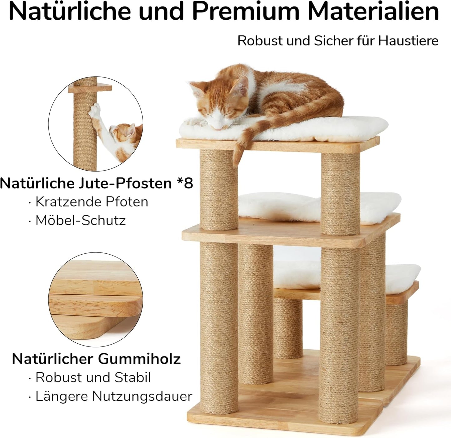 Haustiertreppe mit 3 Stufen, bis 90 kg belastbar, Gummiholz - Weiss Plüschkissen