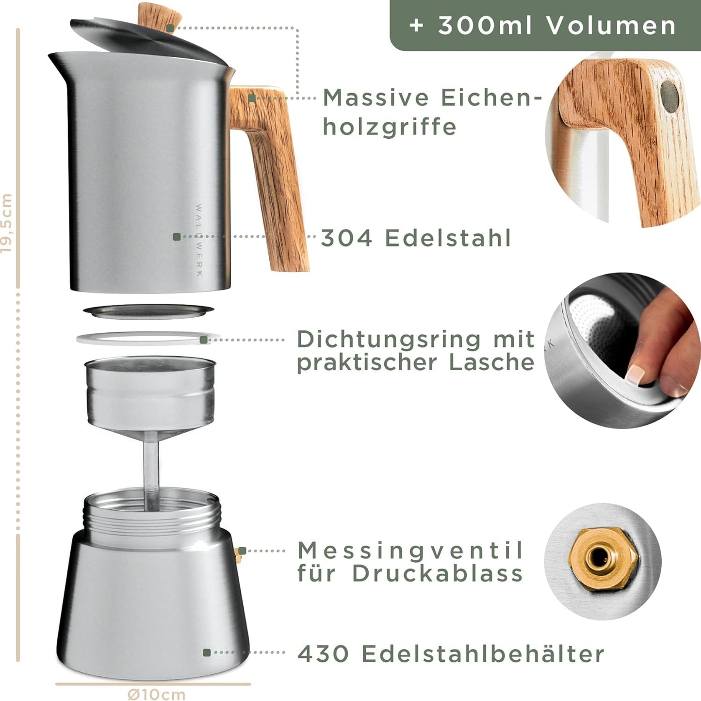 Mokka Espressokocher, Edelstahl 6 Tassen