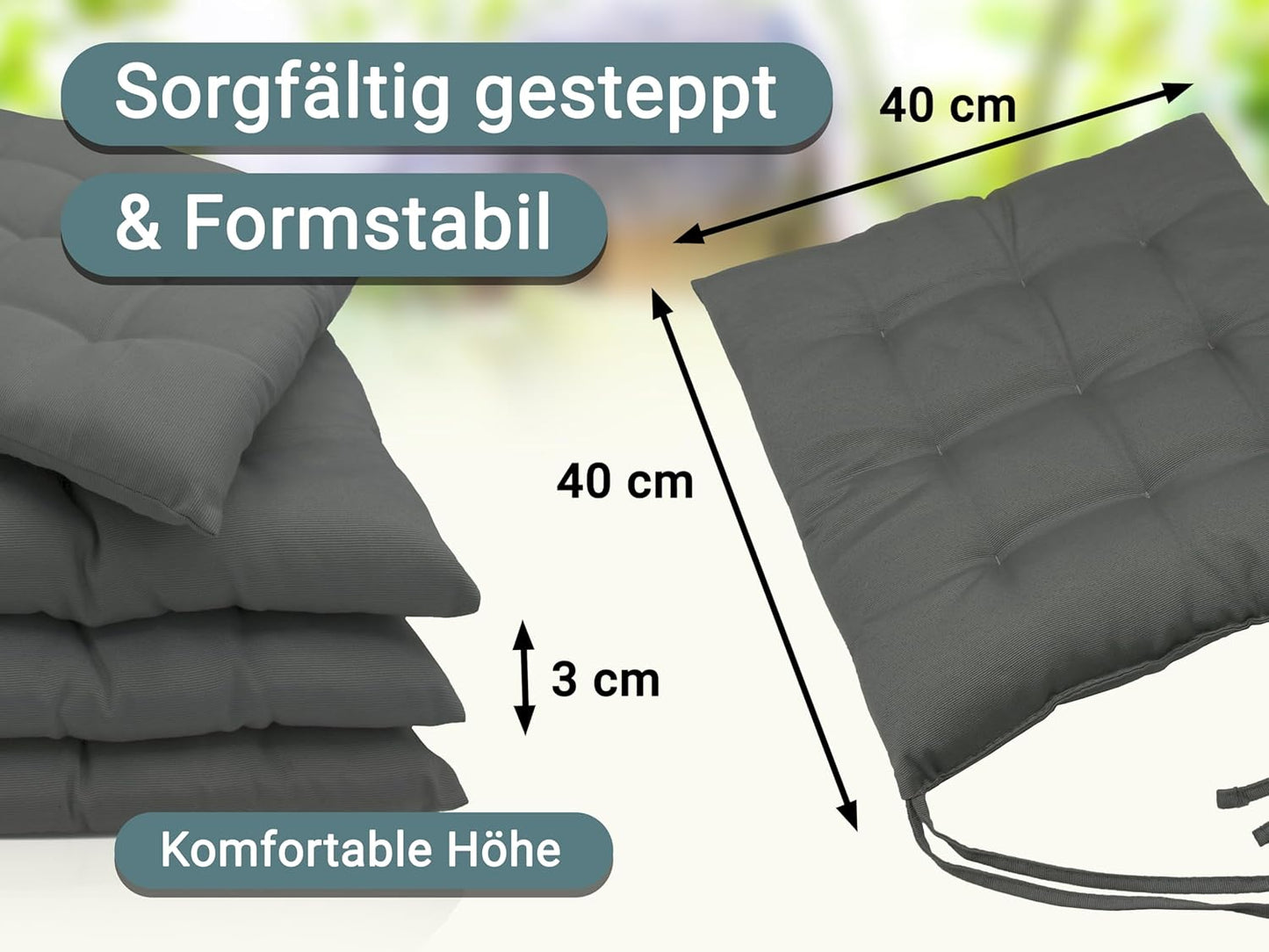 4er-Set Stuhlkissen mit Bindebändern, 4 Stück (1er Pack) Graphit