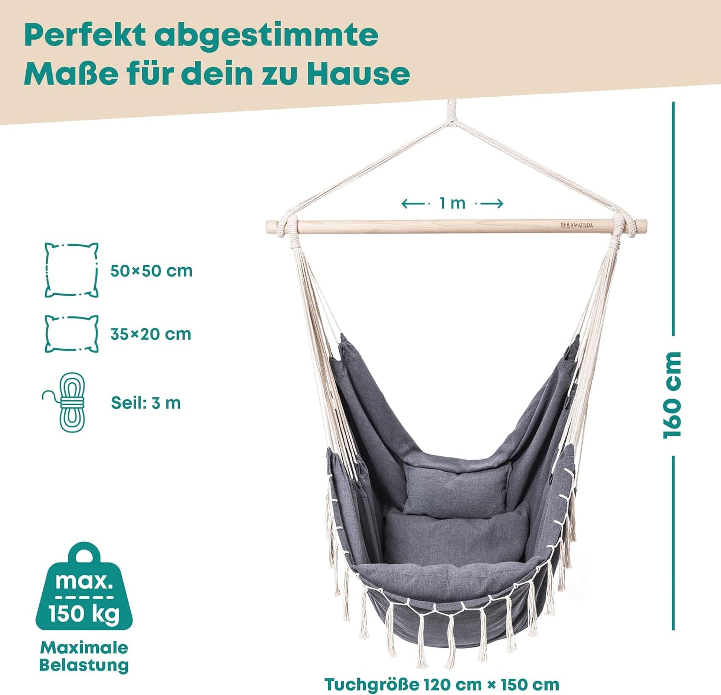 XXL Hängesessel mit Kissen, Grau-beige