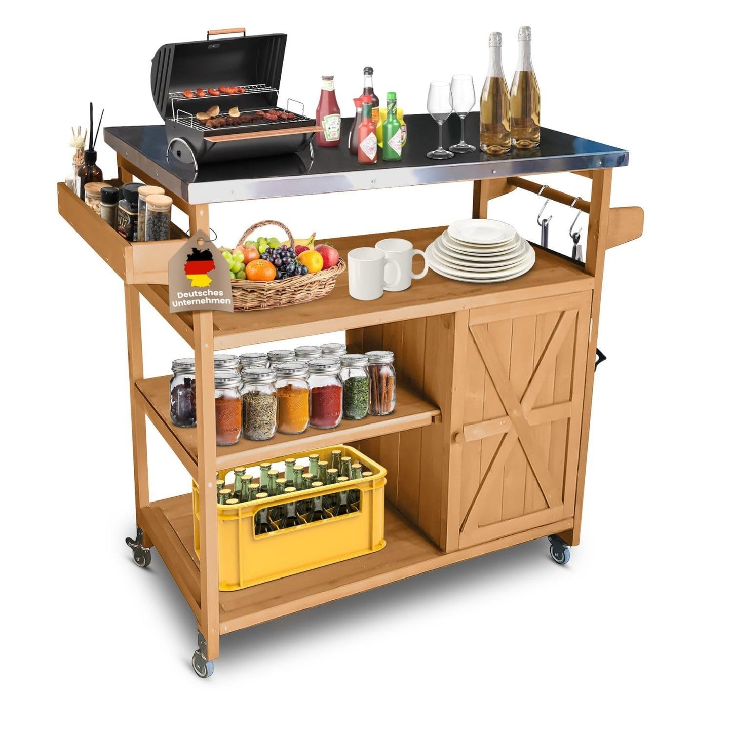 Servierwagen mit Edelstahltop, 118 x 47 x 92 cm Braun