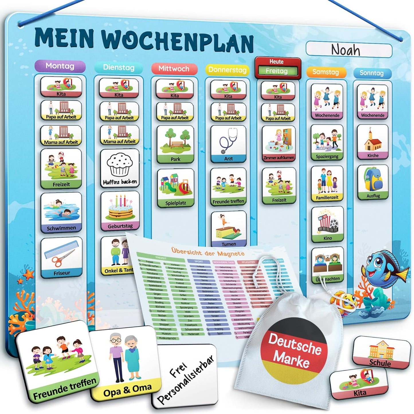 Wochenplaner und Magnettafel für Kinder, Blau Wochenplan