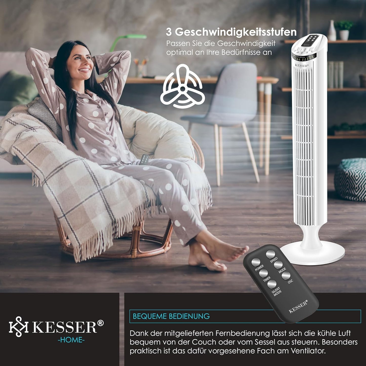 Turmventilator mit Timer und Fernbedienung, Weiss