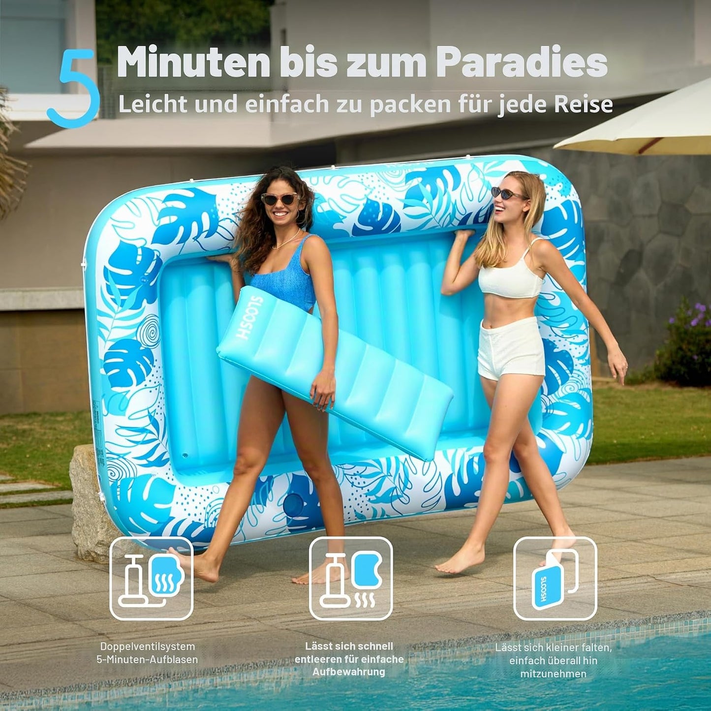 Aufblasbarer 4-in-1 Sonnenliegepool mit Kissen und Getränkehalter, Blau XL