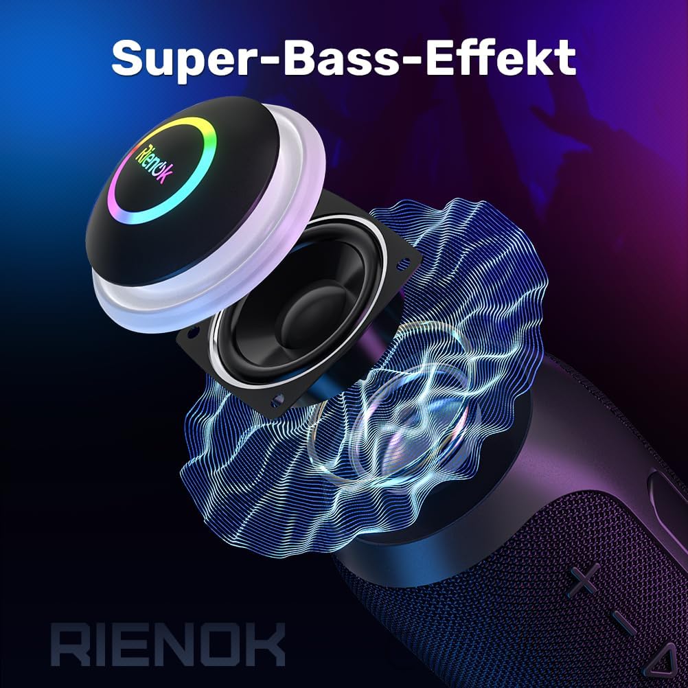 Wasserdichter Bluetooth Lautsprecher mit LED-Licht, 2,400mAH Schwarz